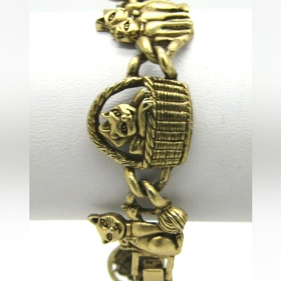 Adorable Vintage Gold Tone Kitten/Cats in Basket Gold Tone Bracelet 6.75" GUC - Picture 3 of 5